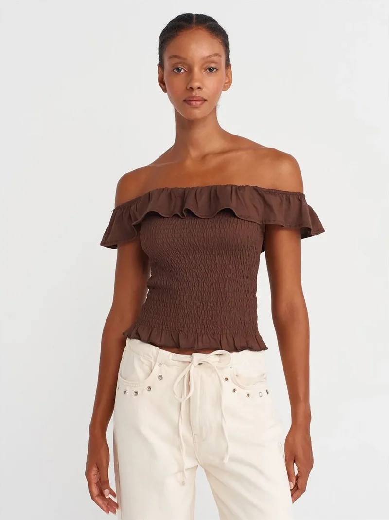 ديلفين Dilvin Women's Off-Shoulder Ribbed Crop Blouse