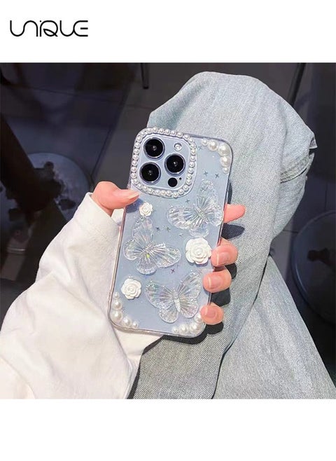 Compatible with iPhone 15 Pro Max Clear Case 3D Butterfly with Aesthetic Rose Floral  Shiny Girly Phone Case for Women Girls Soft TPU Cover,Clear
