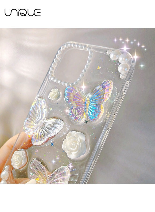 Unique Compatible with iPhone 15 Pro Max Clear Case 3D Butterfly with Aesthetic Rose Floral  Shiny Girly Phone Case for Women Girls Soft TPU Cover,Clear - Image 3