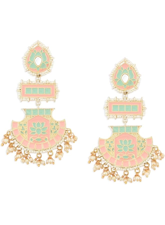 Peach & Green Meenakari Lotus Design Dangle Earring For Women ZPFK12136  - Image 1