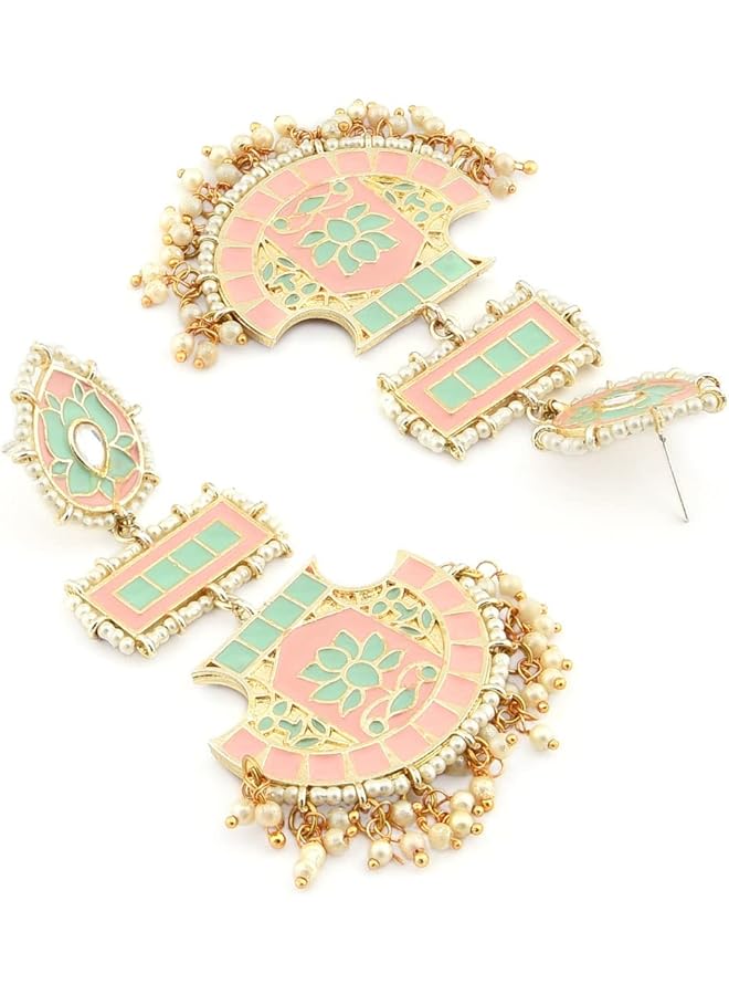 Peach & Green Meenakari Lotus Design Dangle Earring For Women ZPFK12136  - Image 5