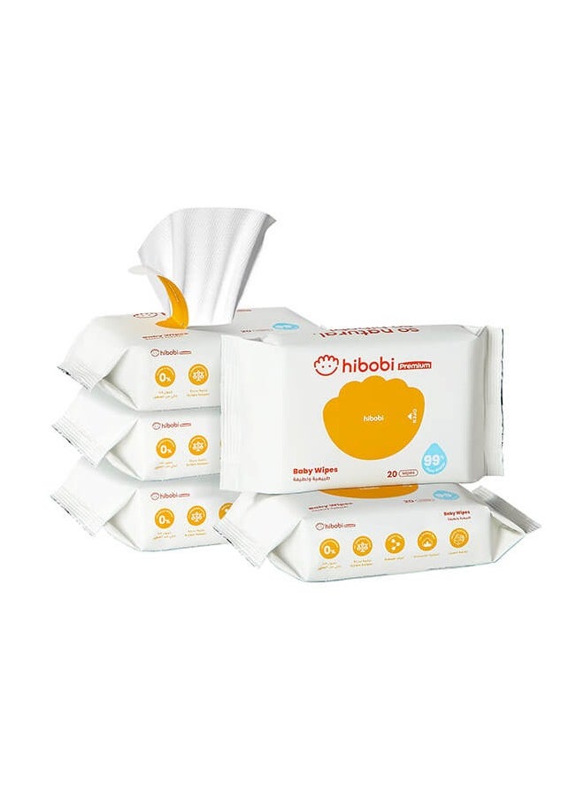 hibobi - Wet Wipes Small Pack Travel, 99% Pure Water, Soft & Thick Unscented Wipes for Sensitive Skin, Travel Pack, 20 Wipes, 5 Packs - Image 1
