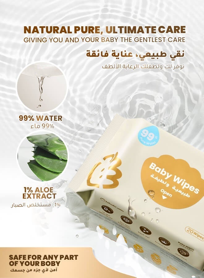 hibobi Wet Wipes Small Pack Travel, 99% Pure Water, Soft & Thick Unscented Wipes for Sensitive Skin, Travel Pack, 20 Wipes, 5 Packs - Image 2