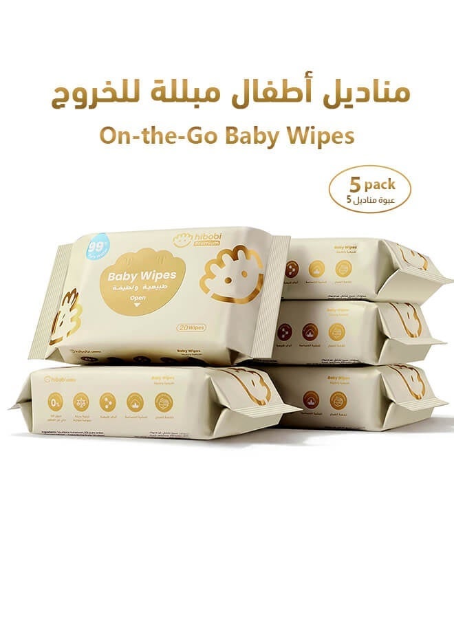 hibobi Wet Wipes Small Pack Travel, 99% Pure Water, Soft & Thick Unscented Wipes for Sensitive Skin, Travel Pack, 20 Wipes, 5 Packs - Image 1