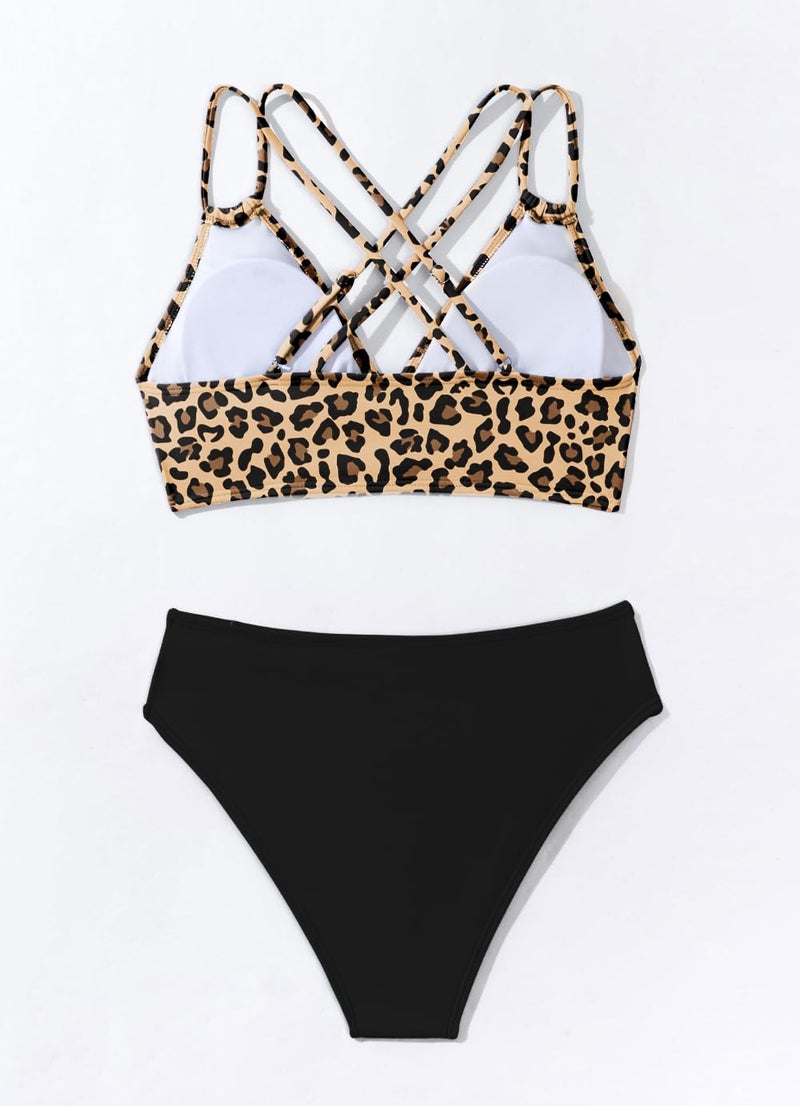 Tainehs Women's Push Up V Neck Bikini Sets Criss Cross Back Two Piece Bathing Suit Leopard - Image 4