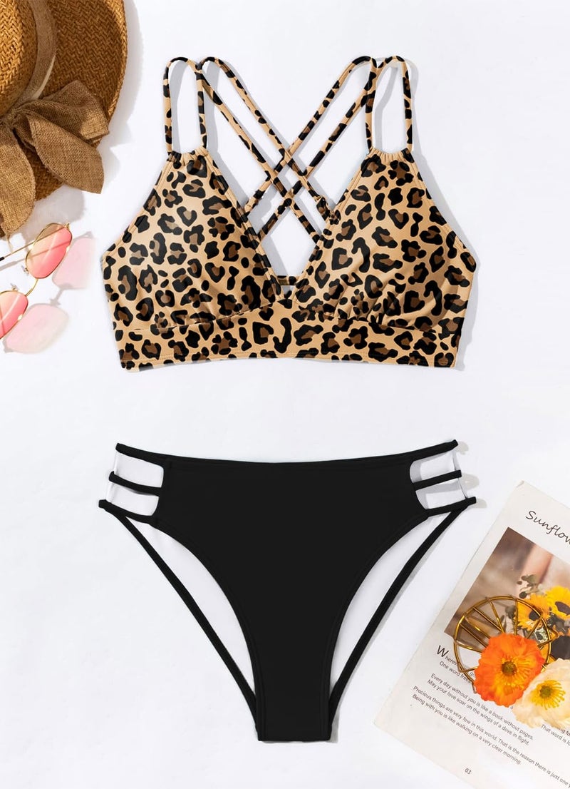 Tainehs Women's Push Up V Neck Bikini Sets Criss Cross Back Two Piece Bathing Suit Leopard - Image 3