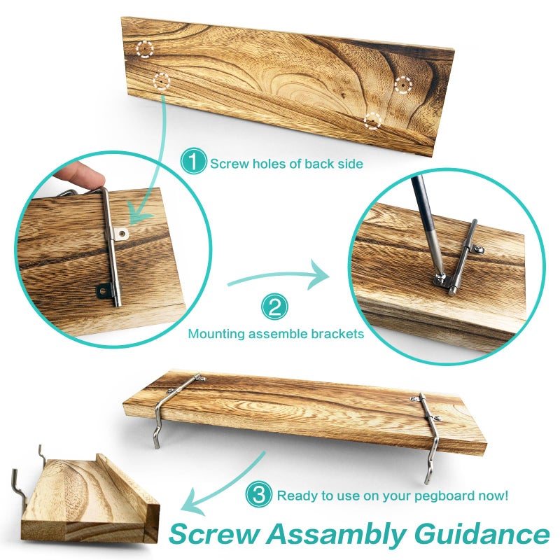 WOWKIT Wood Pegboard Shelves with Lip, 14" x 4" Peg Board Racks 3Pack Wall Organizer Shelf, 1/4 inch Heavy Duty Metal Brackets Fit All Pegboards, Display Craft Garage Workbench Office Shelving Accessories - Image 3