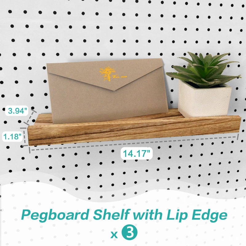 WOWKIT Wood Pegboard Shelves with Lip, 14" x 4" Peg Board Racks 3Pack Wall Organizer Shelf, 1/4 inch Heavy Duty Metal Brackets Fit All Pegboards, Display Craft Garage Workbench Office Shelving Accessories - Image 5