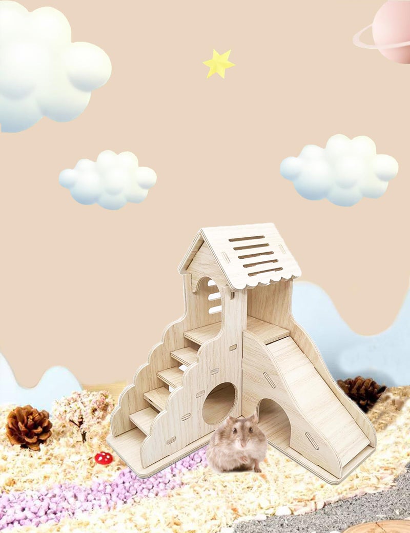 Sirvarni Hamster Hideout Cage Accessories - Hamster House and Habitat Wooden Hide Hut with Climbing Ladder and Slide for Dwarf Gerbils and Mouse Mice Rat Other Small Animals etc. - Image 5