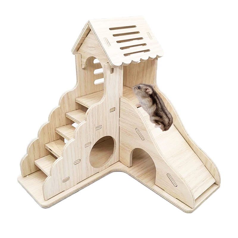 Sirvarni Hamster Hideout Cage Accessories - Hamster House and Habitat Wooden Hide Hut with Climbing Ladder and Slide for Dwarf Gerbils and Mouse Mice Rat Other Small Animals etc. - Image 1