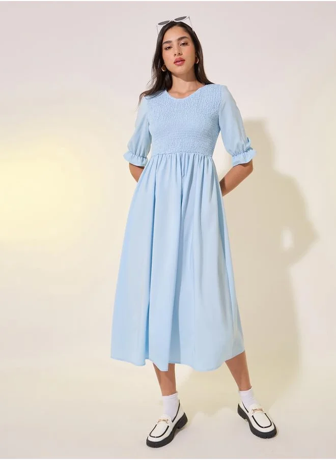 Styli Smocking Detail Round Neck Midi Dress