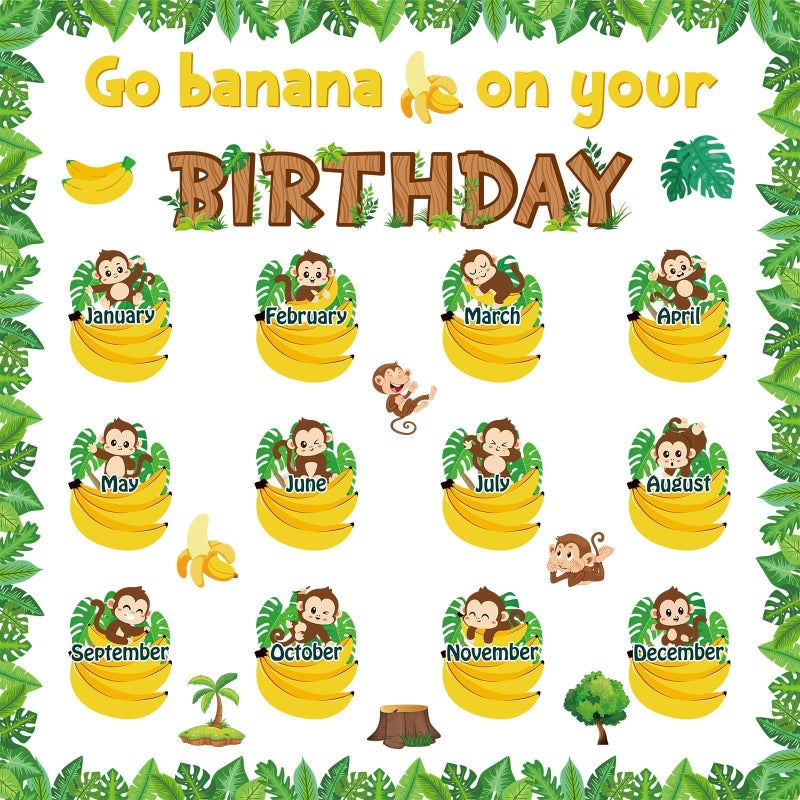 Lonfliness Jungle Theme Monkey Birthday Bulletin Board Set Classroom Happy Birthday Chart Cutouts Safari Decorations for Calendars Bulletin Boards Wall Preschool Decor Back to School Teacher Supplies - Image 1