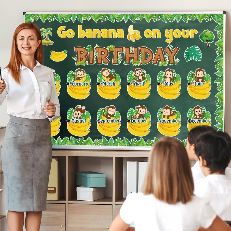 Lonfliness Jungle Theme Monkey Birthday Bulletin Board Set Classroom Happy Birthday Chart Cutouts Safari Decorations for Calendars Bulletin Boards Wall Preschool Decor Back to School Teacher Supplies - Image 5