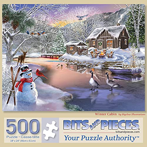 Bits and Pieces Winter Cabin Jigsaw Puzzle for Adults by Bigelow Illustrations Snowy Forest River and Mountain Scene Cozy Winter Nature Puzzle 18 x 24 Completed Size 500 Piece Puzzle - Image 1