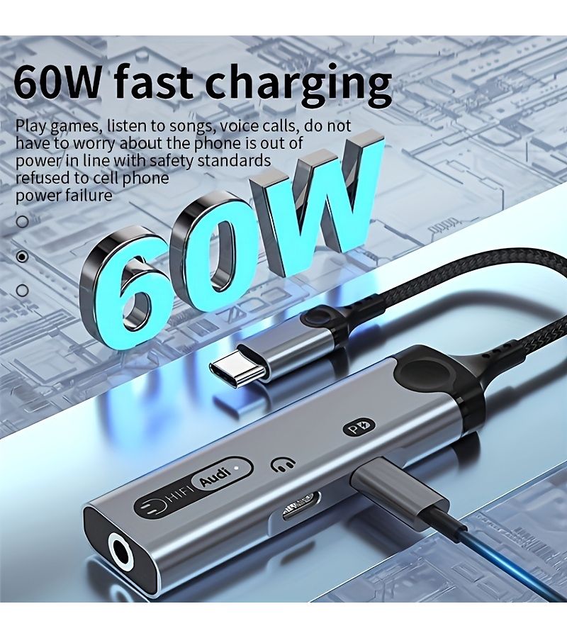 أورانج 3 في 1 محول USB C بقوة 60 واط للشحن السريع مع مقبس سماعة 3.5 مم متوافق مع آيفون 16 و15 وجالكسي إس24 وإس23 - Image 5