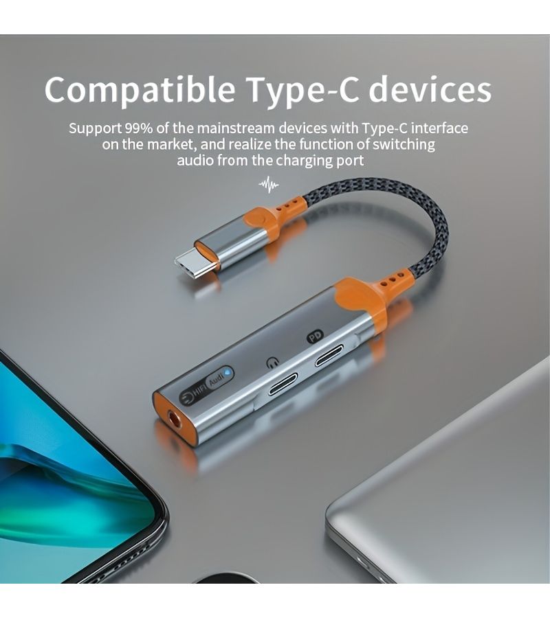 أورانج 3 في 1 محول USB C بقوة 60 واط للشحن السريع مع مقبس سماعة 3.5 مم متوافق مع آيفون 16 و15 وجالكسي إس24 وإس23 - Image 3
