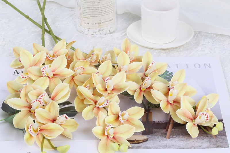 IPOPU 5 Pcs Real Touch Faux Orchid Champagne Orchid Artificial Flowers with Long Stem for Wedding Party Centerpiece Bridal Bouquet DIY Home Living Room Decoration - Image 3