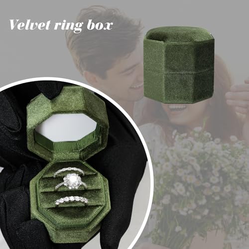 Gvhntk Velvet 3 Slots Jewelry Ring Box Vintage Octagon Ring Display Holder Gift Premium Gorgeous Case with Detachable Lid for Wedding Engagement Proposal Keepsake Ceremony (Olive Green) - Image 2