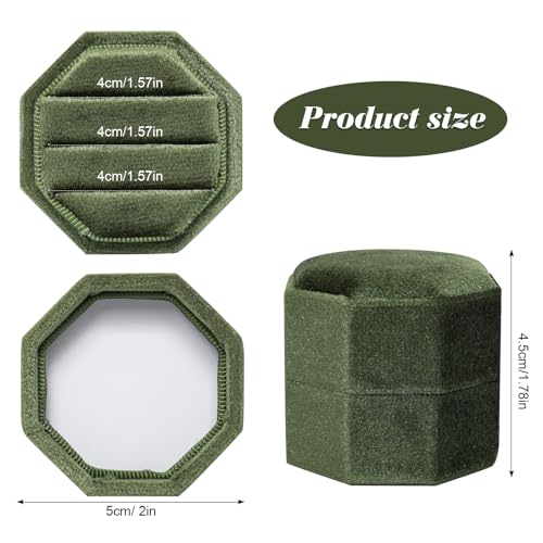 Gvhntk Velvet 3 Slots Jewelry Ring Box Vintage Octagon Ring Display Holder Gift Premium Gorgeous Case with Detachable Lid for Wedding Engagement Proposal Keepsake Ceremony (Olive Green) - Image 4