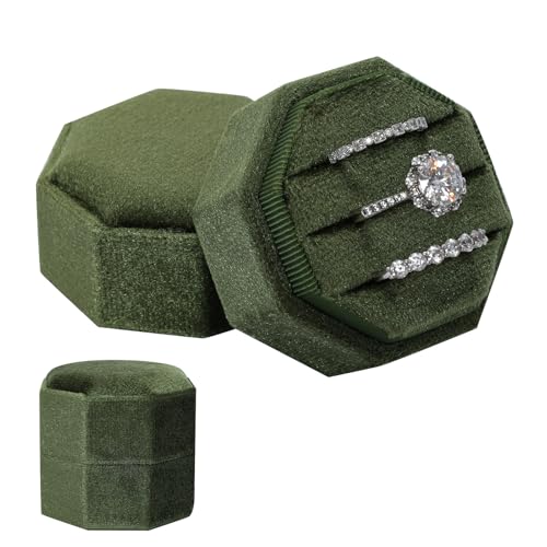 Gvhntk Velvet 3 Slots Jewelry Ring Box Vintage Octagon Ring Display Holder Gift Premium Gorgeous Case with Detachable Lid for Wedding Engagement Proposal Keepsake Ceremony (Olive Green) - Image 1