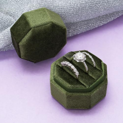 Gvhntk Velvet 3 Slots Jewelry Ring Box Vintage Octagon Ring Display Holder Gift Premium Gorgeous Case with Detachable Lid for Wedding Engagement Proposal Keepsake Ceremony (Olive Green) - Image 3