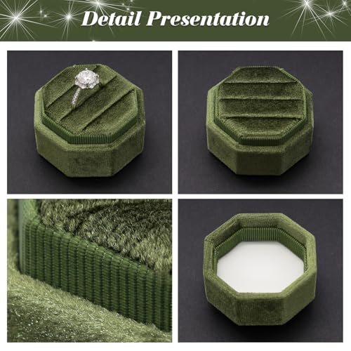 Gvhntk Velvet 3 Slots Jewelry Ring Box Vintage Octagon Ring Display Holder Gift Premium Gorgeous Case with Detachable Lid for Wedding Engagement Proposal Keepsake Ceremony (Olive Green) - Image 5