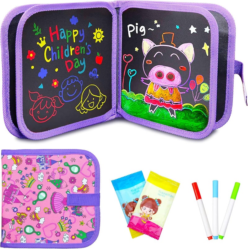 VGRASSP 6 Pages Erasable Slate Book for Kids with 12 Washable Markers and Wet Wipes - Reusable Doodle and Scribble Pad for Boys and Girls - Color As Per Stock - Image 1