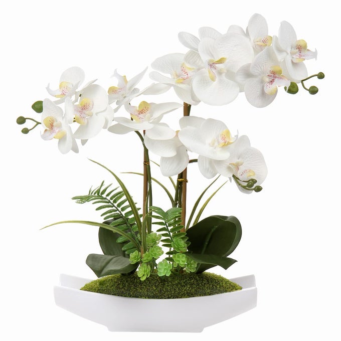 WHITE ORCHID ARTIFICIAL FLOWERS IN CERAMIC POT FAKE ORCHID WHITE SILK PHALAENOPSIS FLOWER ARRANGEMENT ARTIFICIAL ORCHID PLANT INDOOR FOR HOME OFFICE KITCHEN BEDROOM WEDDING DECOR