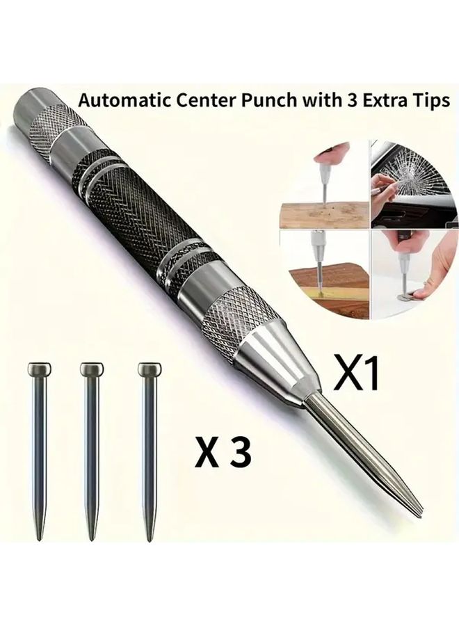 Heavy Duty Automatic Center Punch Tool With Non Slip Grip Chrome Steel Includes Three Punch Bits - Image 1
