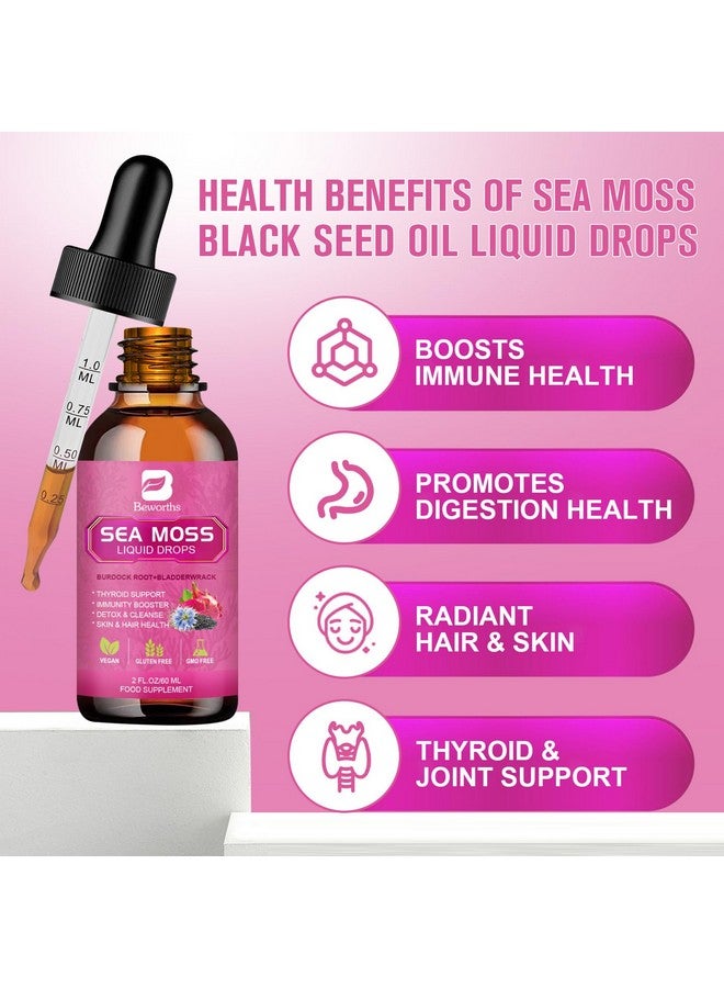 B BEWORTHS Sea Moss Liquid Drops - Organic Black Seed Oil Irish Sea Moss Gel with Burdock Root, Bladderwrack, Elderberry, Vitamin C, D3, 6X Stronger Seamoss Gel for Digestive, Hair Health - Vegan - Image 3