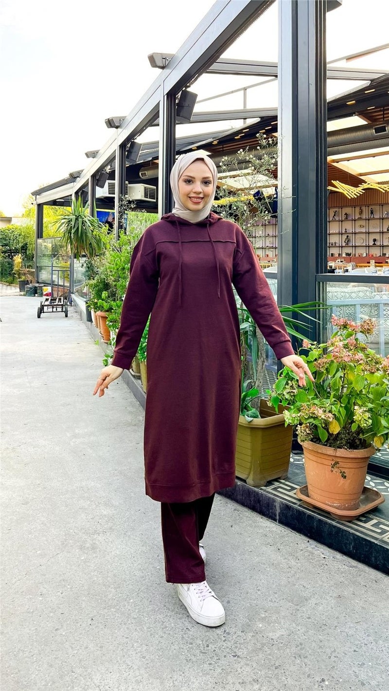 Bwest Long Tunic Hooded Side Slit Double Sports Suit - 3034 - Plum - Image 1