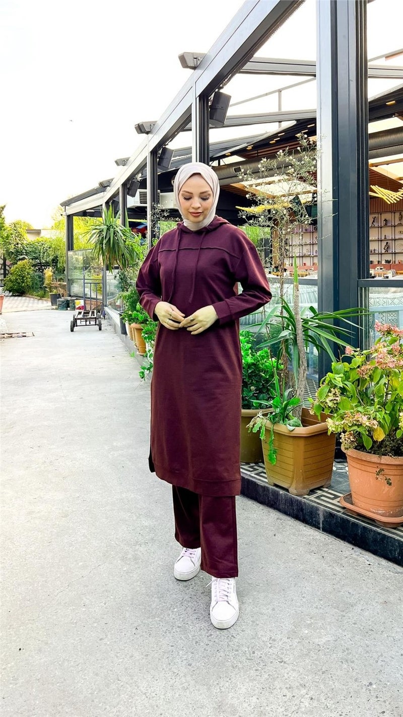 Bwest Long Tunic Hooded Side Slit Double Sports Suit - 3034 - Plum - Image 4