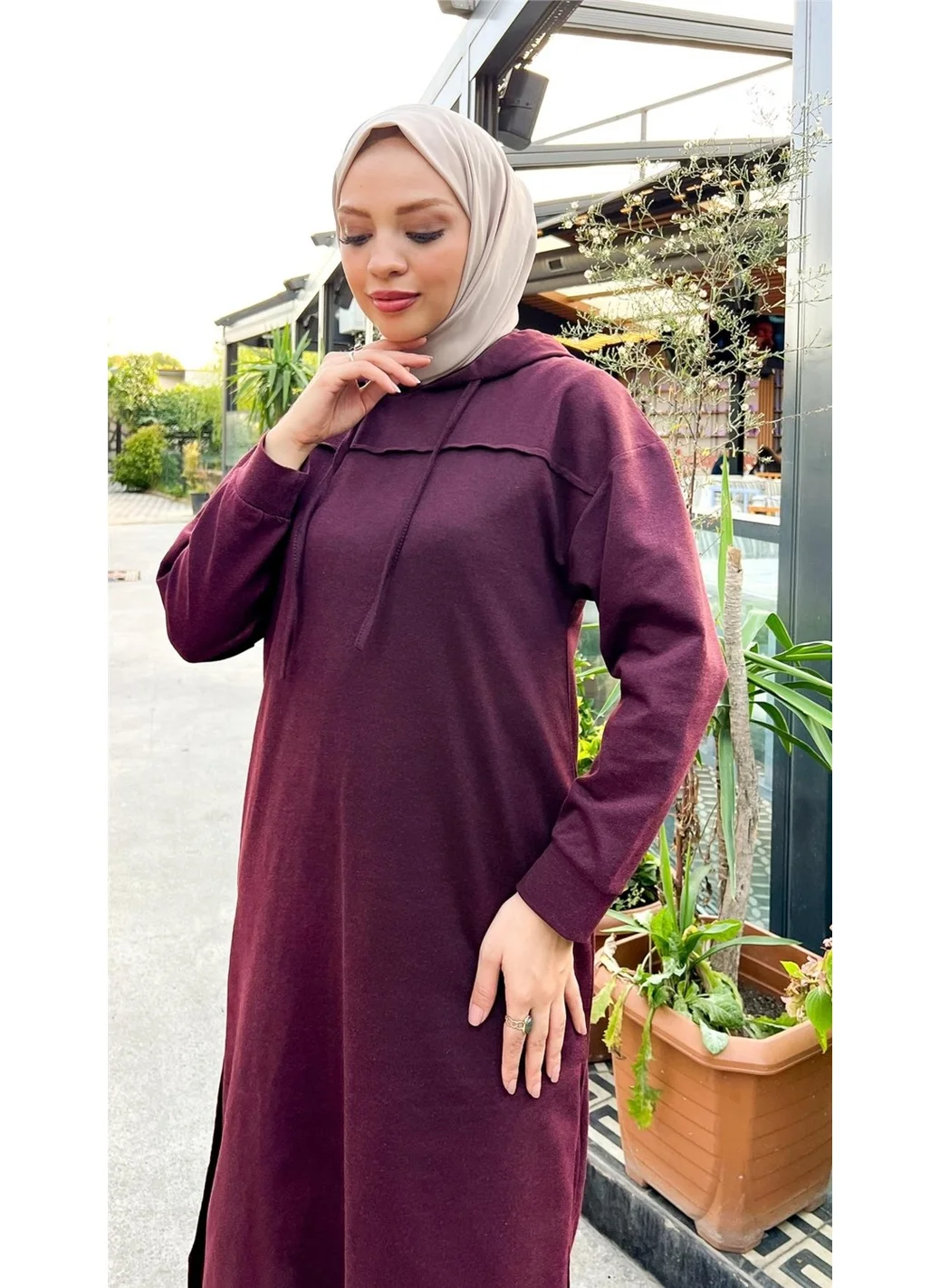 Bwest Long Tunic Hooded Side Slit Double Sports Suit - 3034 - Plum