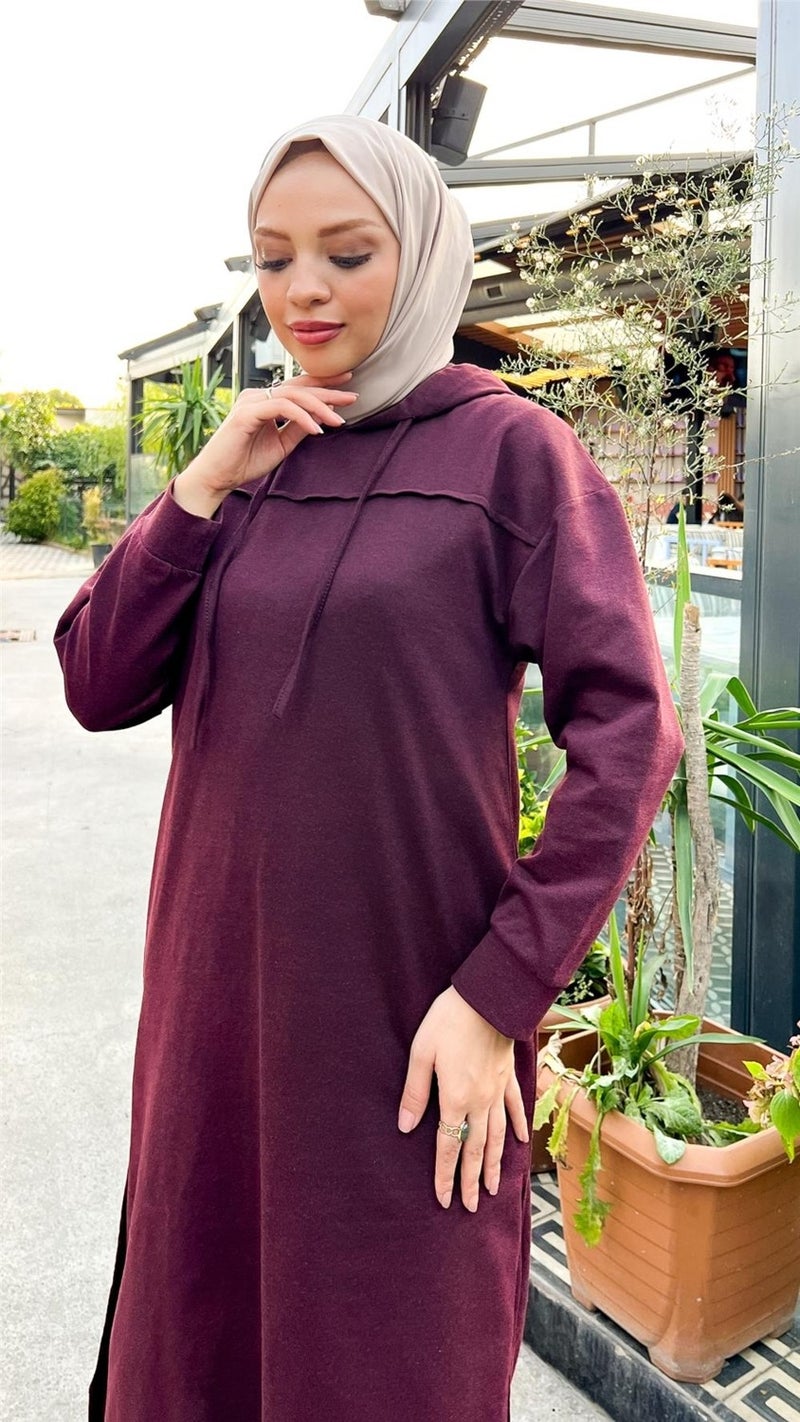 Bwest Long Tunic Hooded Side Slit Double Sports Suit - 3034 - Plum - Image 2