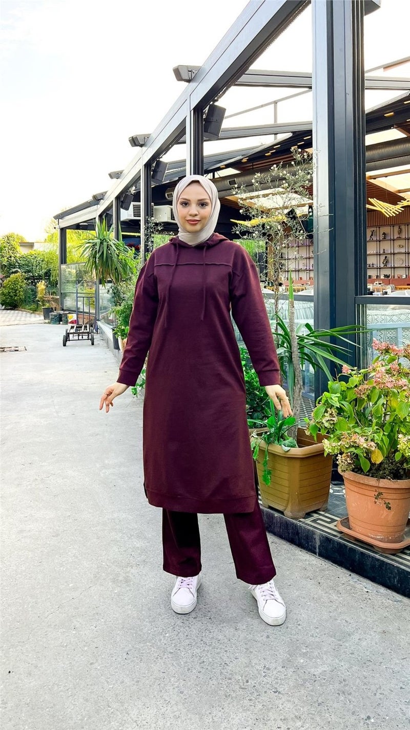 Bwest Long Tunic Hooded Side Slit Double Sports Suit - 3034 - Plum - Image 3