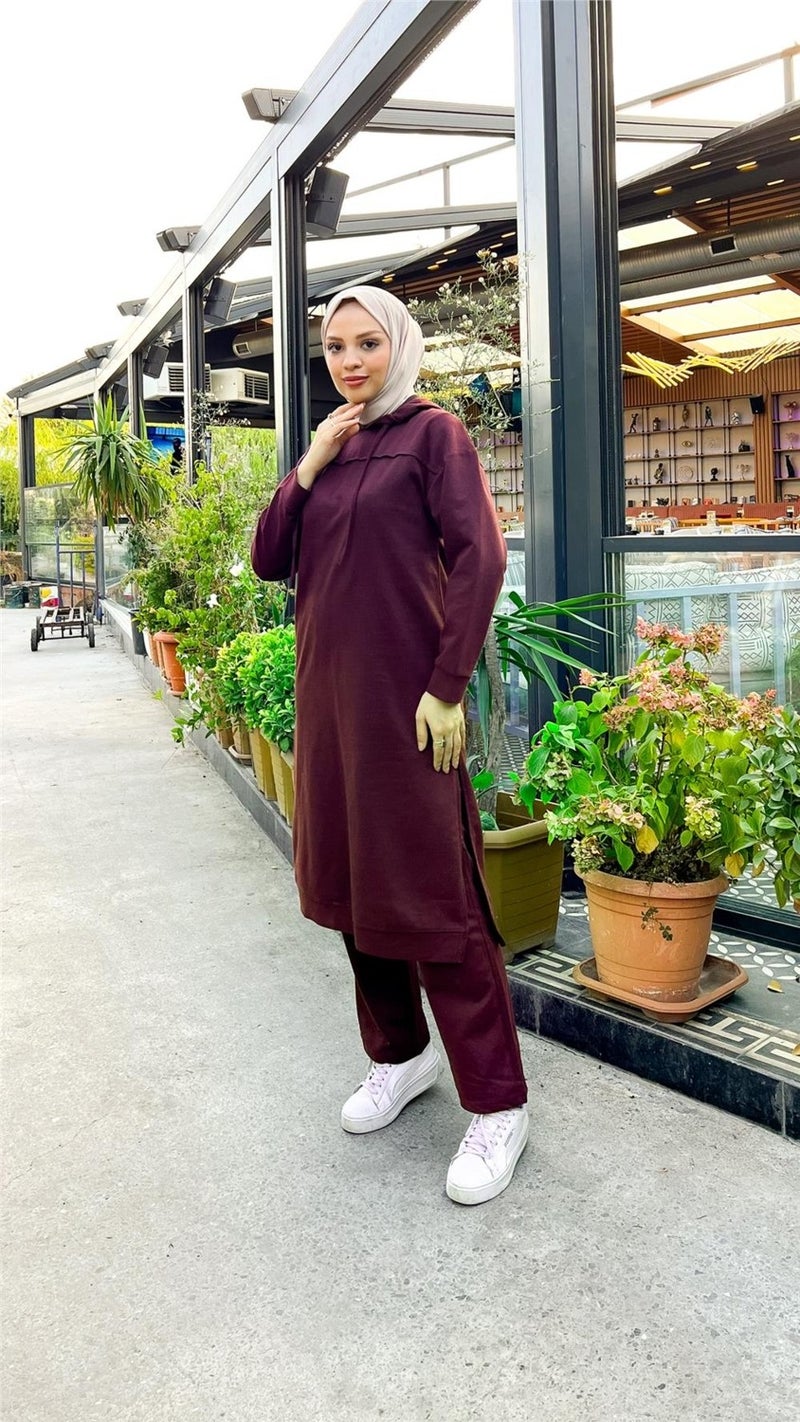 Bwest Long Tunic Hooded Side Slit Double Sports Suit - 3034 - Plum - Image 5