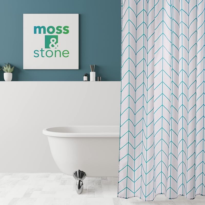 Moss & Stone Light Blue Fabric Shower Curtain for Bathroom with 12 Hooks, Shower Curtain Set with Shower Rug Light Blue and White Bathroom Sets, Waterproof & Machine Washable - Image 4