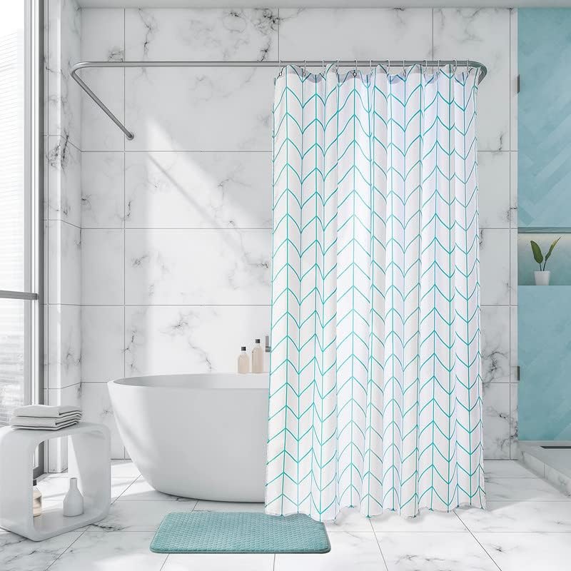 Moss & Stone Light Blue Fabric Shower Curtain for Bathroom with 12 Hooks, Shower Curtain Set with Shower Rug Light Blue and White Bathroom Sets, Waterproof & Machine Washable - Image 2
