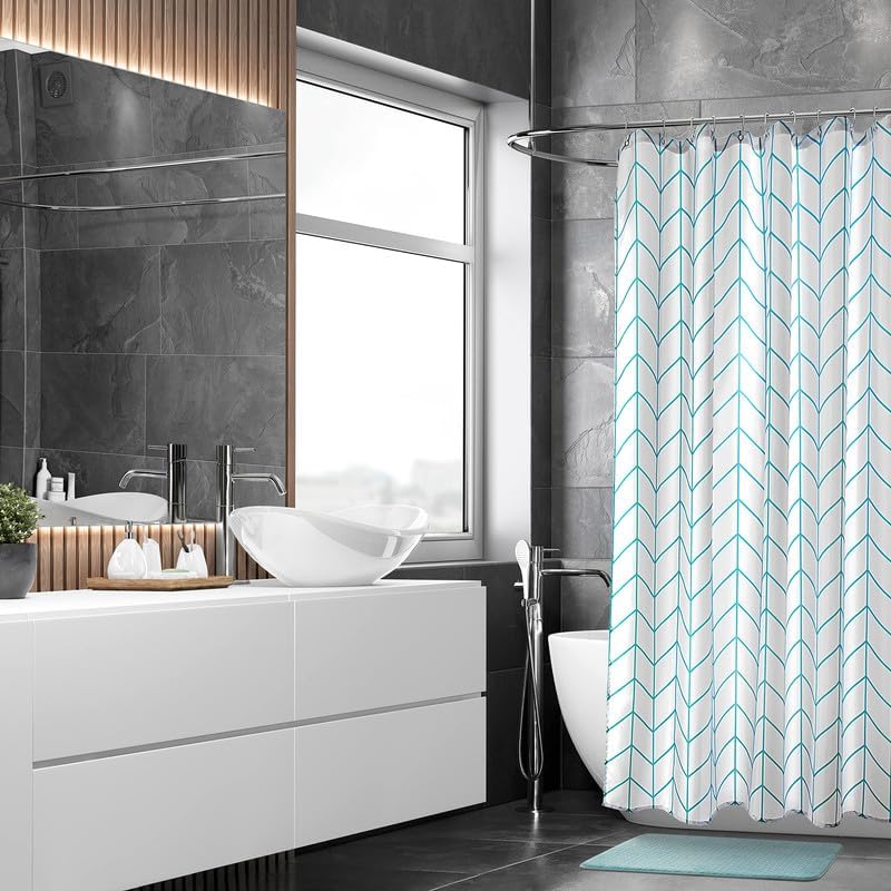 Moss & Stone Light Blue Fabric Shower Curtain for Bathroom with 12 Hooks, Shower Curtain Set with Shower Rug Light Blue and White Bathroom Sets, Waterproof & Machine Washable - Image 5