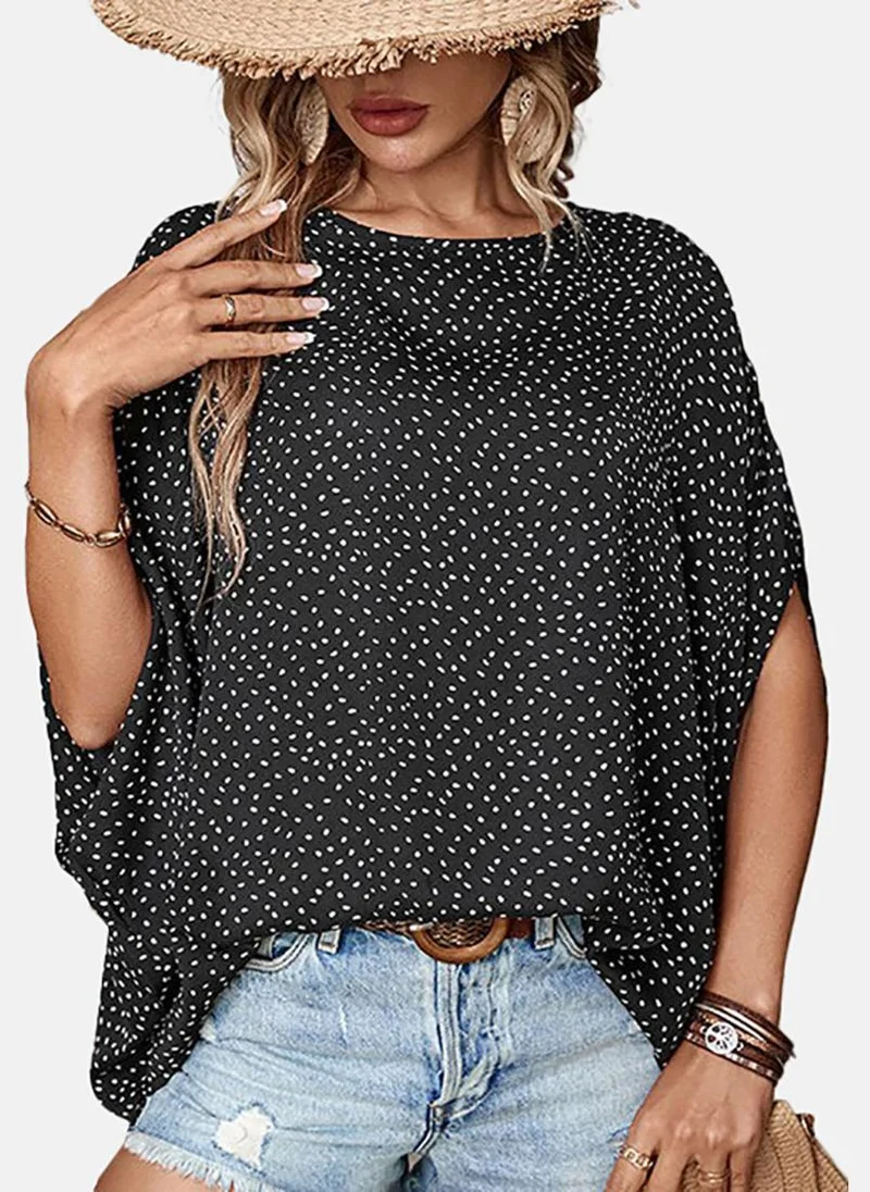 يونيكي Black Polka Dots Short Sleeve Round Neck Tunics