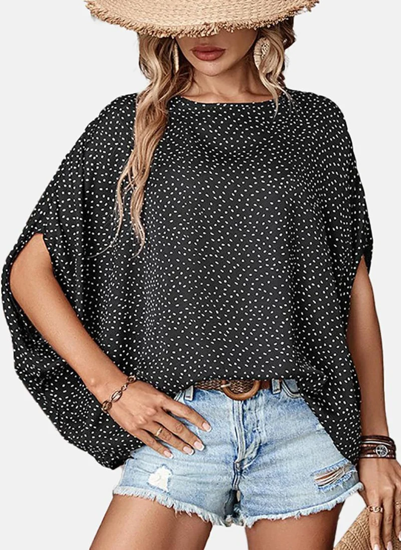 يونيكي Black Polka Dots Short Sleeve Round Neck Tunics