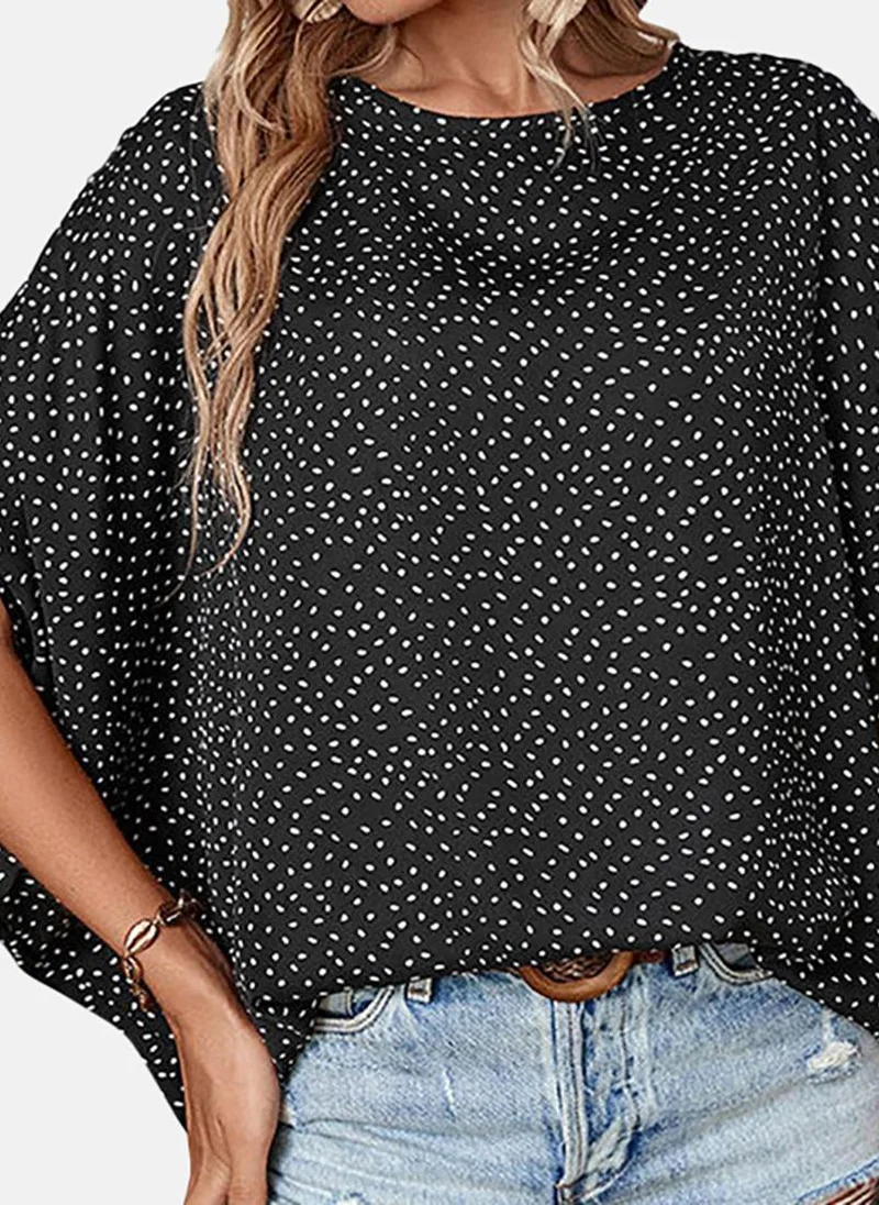 يونيكي Black Polka Dots Short Sleeve Round Neck Tunics