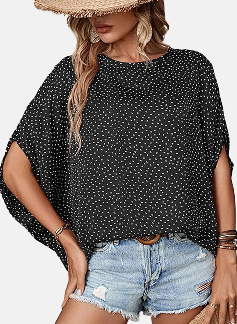 يونيكي Black Polka Dots Short Sleeve Round Neck Tunics