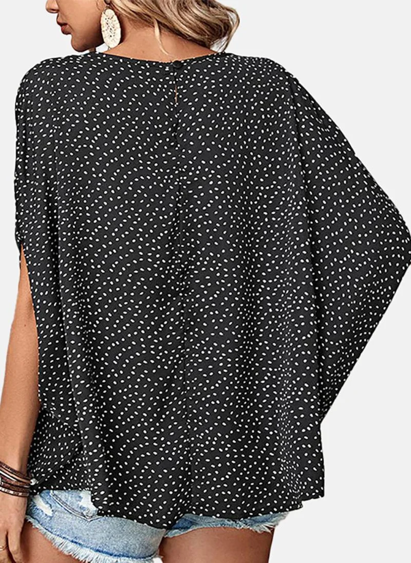 يونيكي Black Polka Dots Short Sleeve Round Neck Tunics