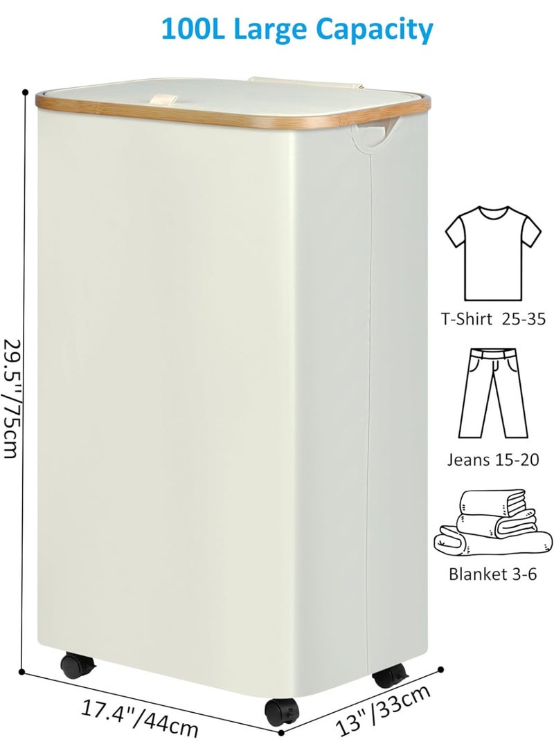 سلة غسيل مع عجلات، سلة غسيل سعة 100 لتر مع غطاء، سلة ملابس قابلة للطي، سلة ملابس متسخة على عجلات مع إطار من الخيزران وحقيبة لغرفة النوم، غرفة النوم، غرفة الغسيل، لون أبيض - Image 2