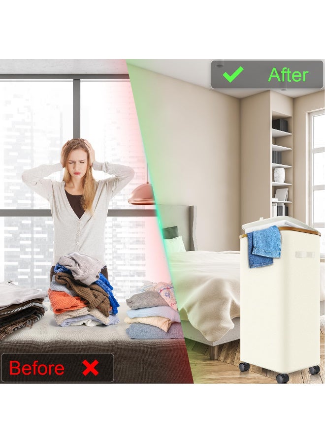 سلة غسيل مع عجلات، سلة غسيل سعة 100 لتر مع غطاء، سلة ملابس قابلة للطي، سلة ملابس متسخة على عجلات مع إطار من الخيزران وحقيبة لغرفة النوم، غرفة النوم، غرفة الغسيل، لون أبيض - Image 5
