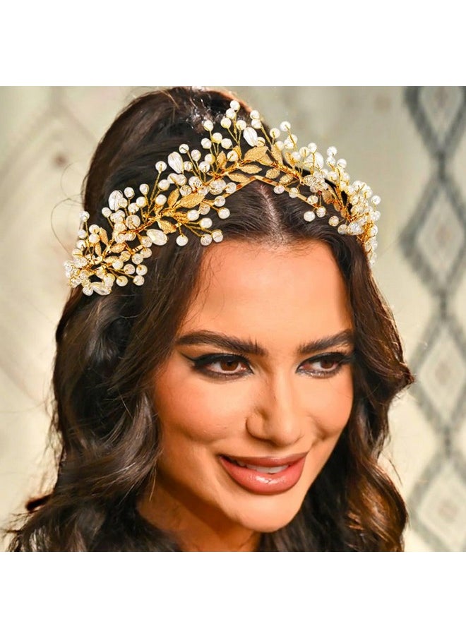 Kisshine - Kisshine Rhinestone Wedding Crowns and Tiaras Gold Leaf Crown Headbands Pearl Bridal Headwear Hair Accessories for Women - Image 1