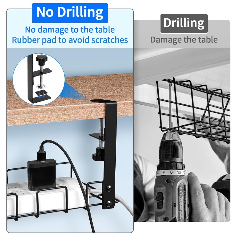 Makerfire Cable Management Under Desk Cable Tidy, 2 Pack No Drill Under Desk Cable Management Tray, Widen Heighten Metal Cable Tray Basket with Cable Clips Organiser Silicone Pad for Office and Home - Image 2