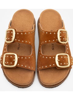 MARJIN Women's Leather Studded Double Banded Cork Sole Casual Slippers Ortin  - Image 4