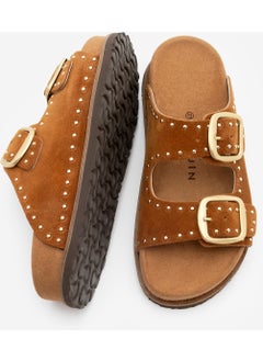 MARJIN Women's Leather Studded Double Banded Cork Sole Casual Slippers Ortin  - Image 5
